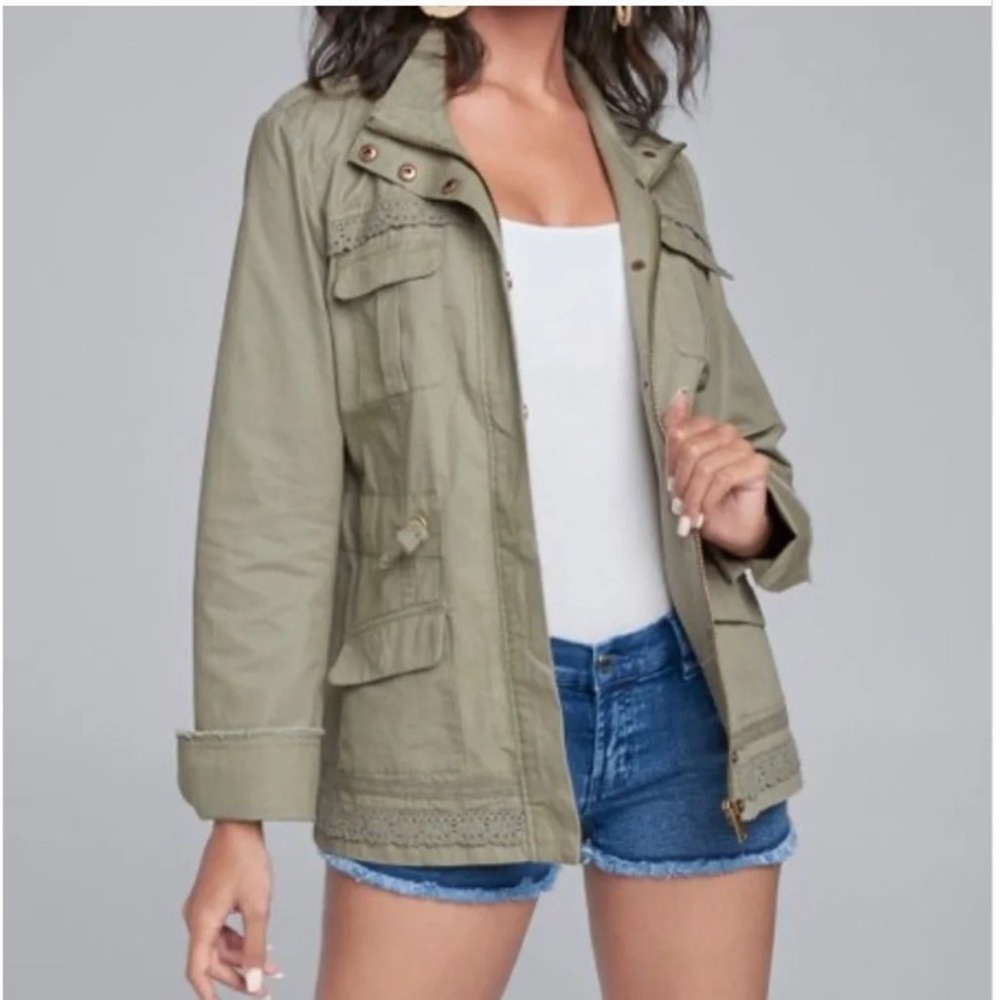 Venus Women's Olive Green Utility Jacket Crochet Lace Trim Drawstring Waist SZ S